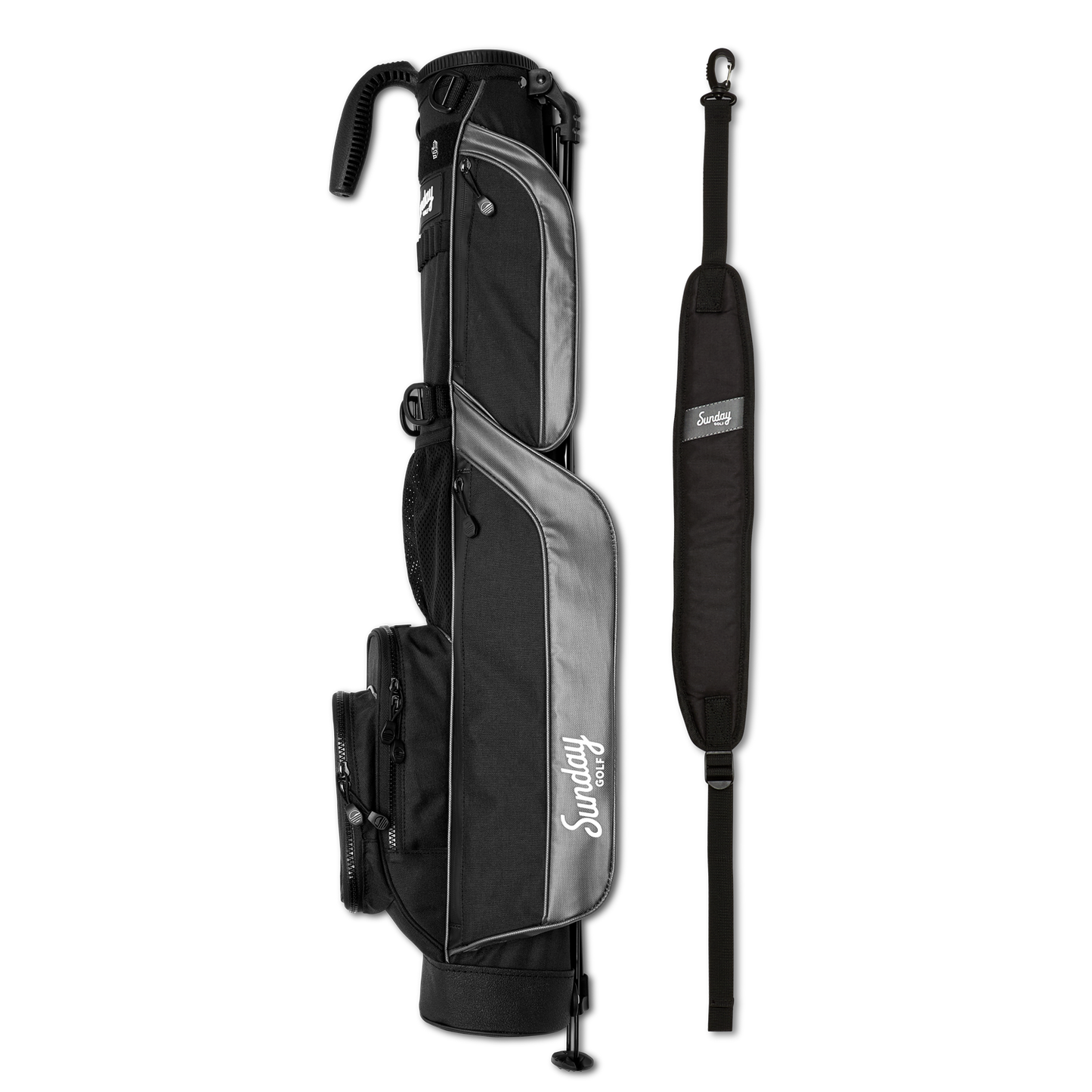 matte black loma golf bag by Sunday Golf side by side with single carrying strap