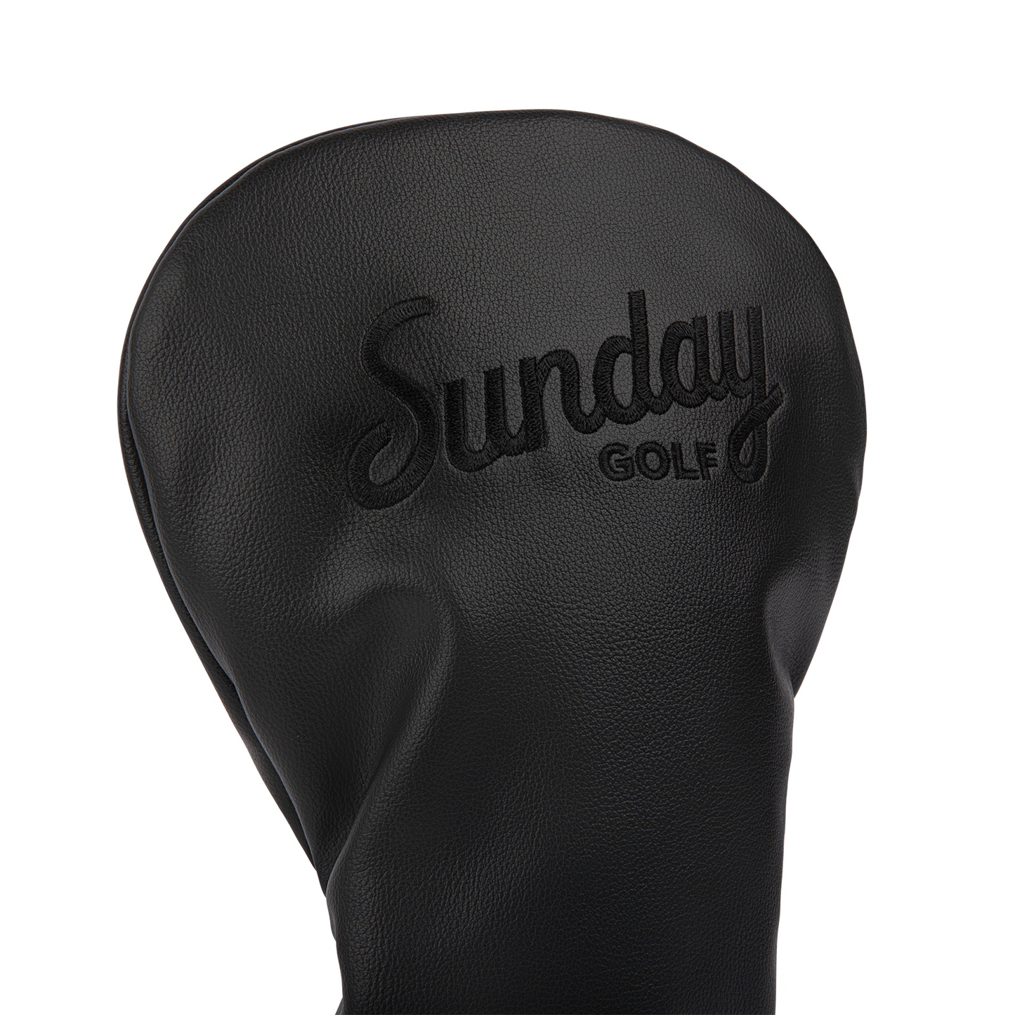 Close up shot of driver golf headcover in black vegan leather showing its material and Sunday Golf logo