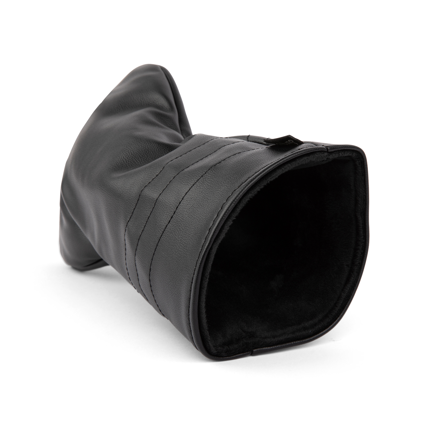 Inward shot of driver golf headcover in black vegan leather