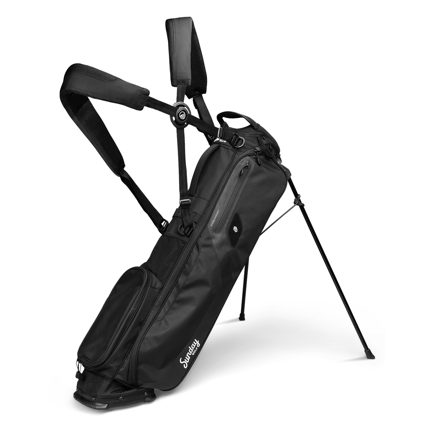 matte black El Camino golf bag by Sunday Golf showing double cross strap and stand legs