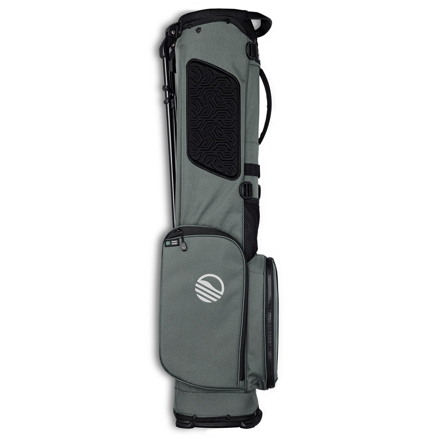 side view of midnight green EL Camino golf bag by sunday golf showing white side logo