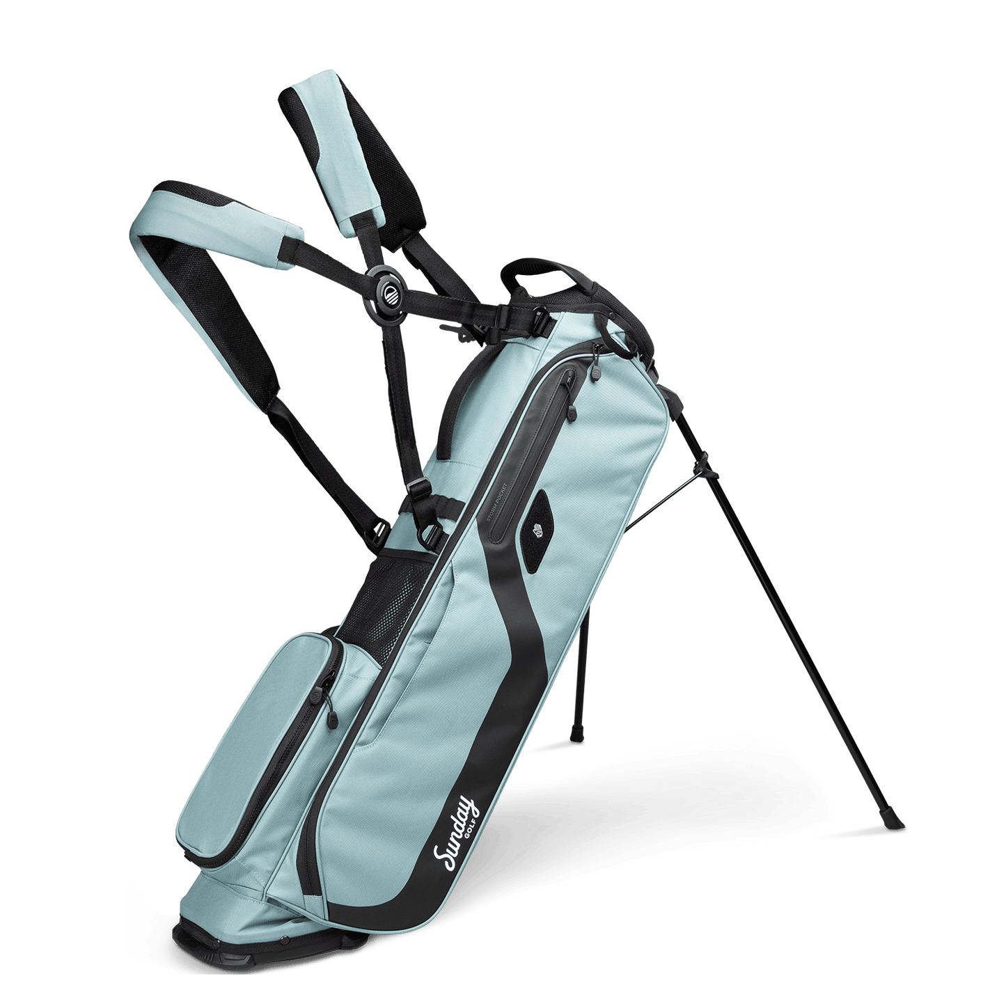 Seafoam El Camino golf Bag by Sunday Golf showing double cross carrying strap and stand legs