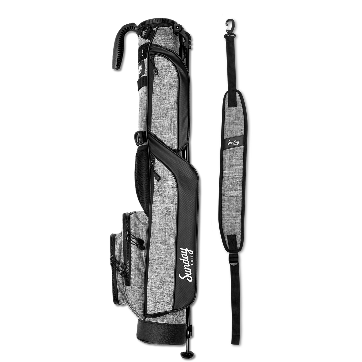 side view of gray Loma golf bag by Sunday Golf with strap side by side