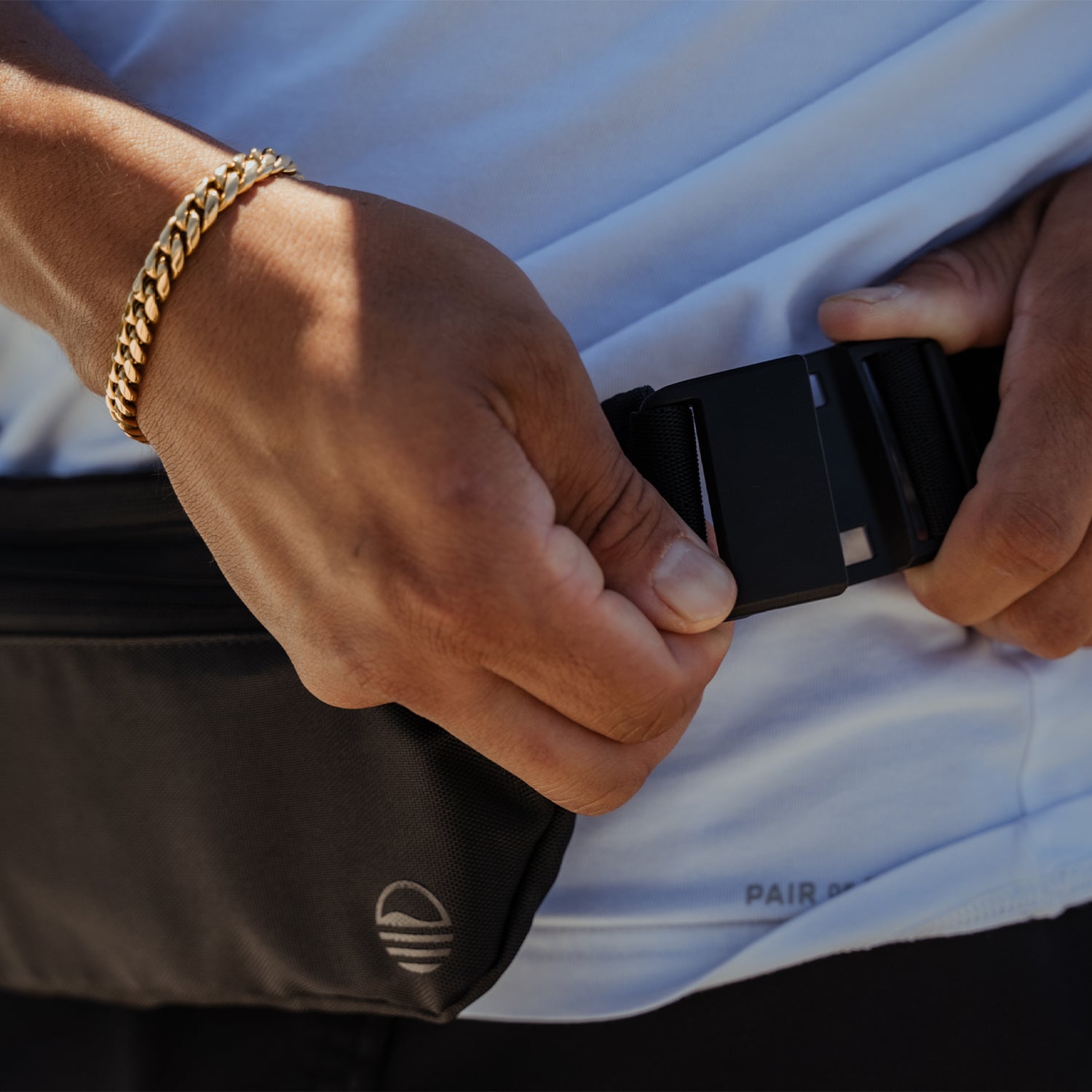 Black Runner Sling buckle close up shot