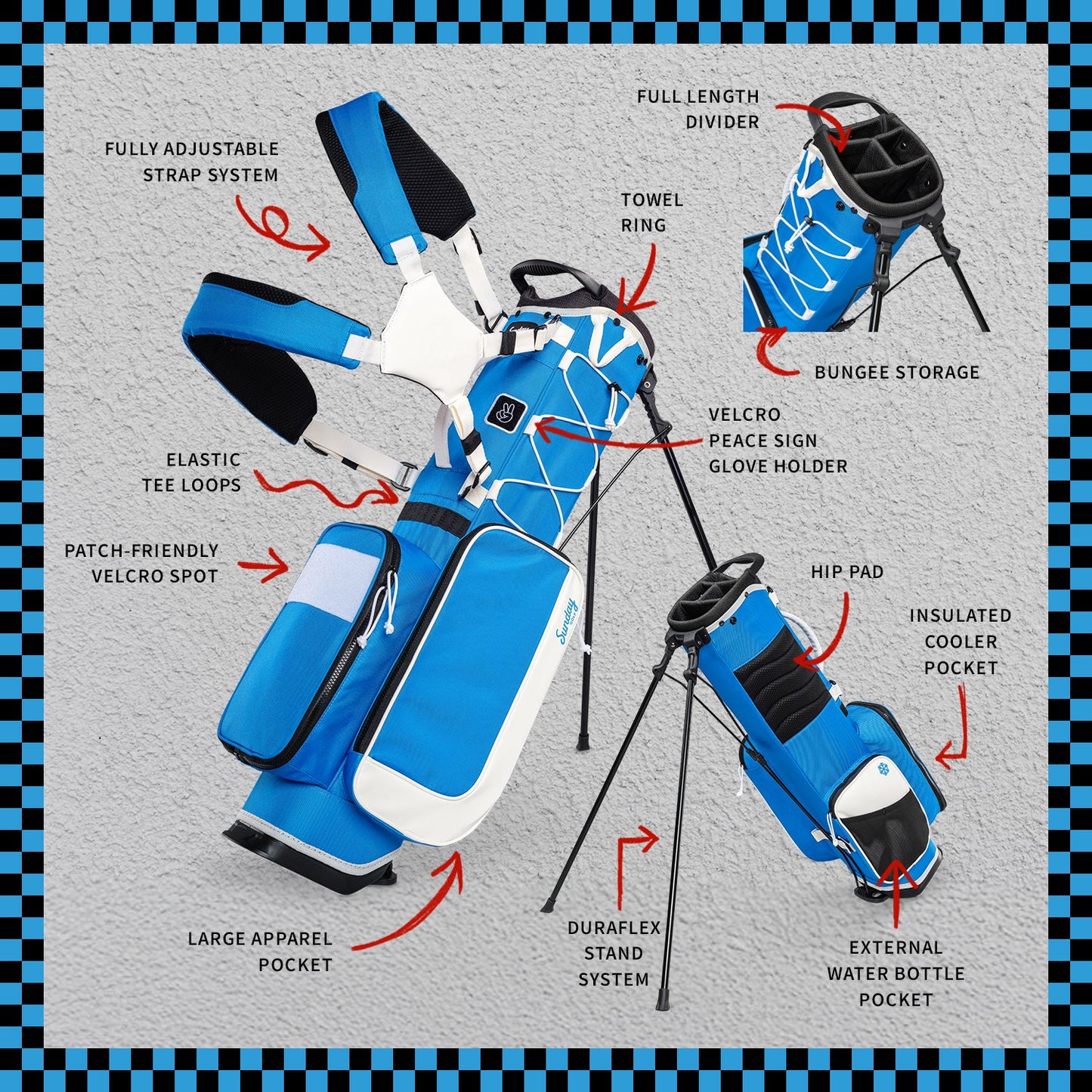A product description image of a blue & white Recess kids golf bag showing key features with labels