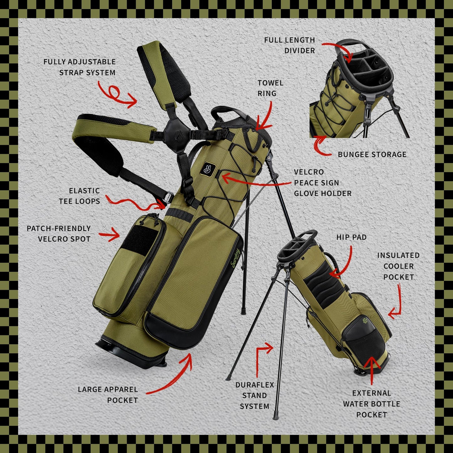 A product description image of a Patton Green Recess kids golf bag showing key features with labels