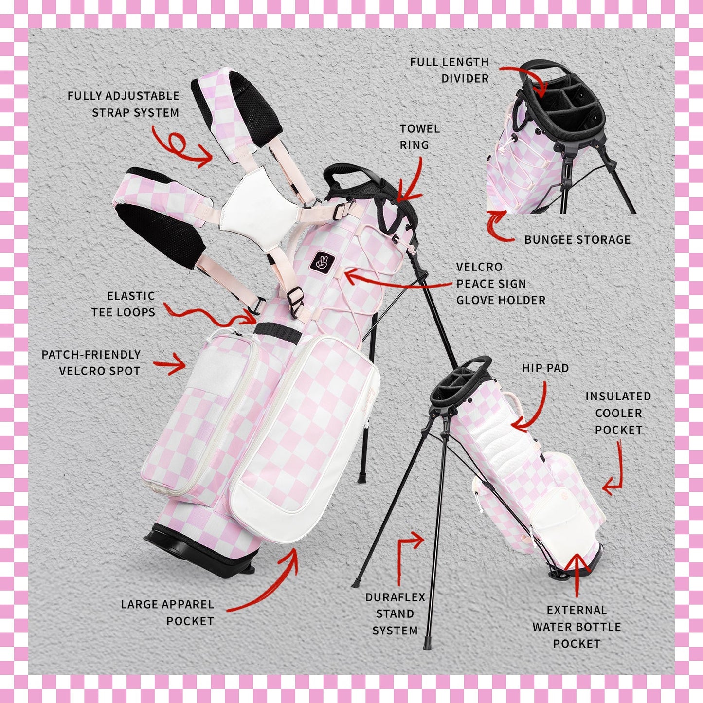 A product description image of a checkered Pink & White Recess kids golf bag showing key features with labels