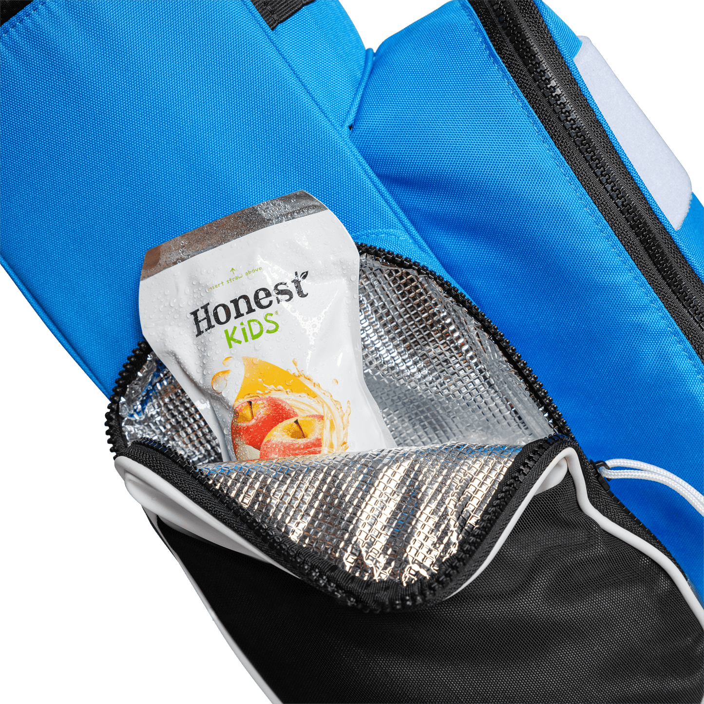 A close up shot of a blue & white Recess kids golf bag's insulated pocket with a canned drink inside