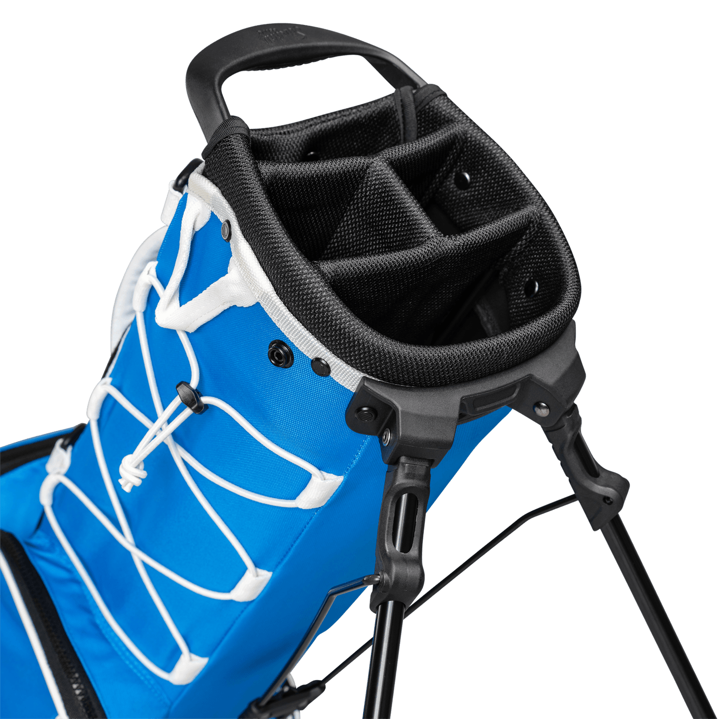 A close up top view of a blue & white Recess kids golf bag’s 4-way divider