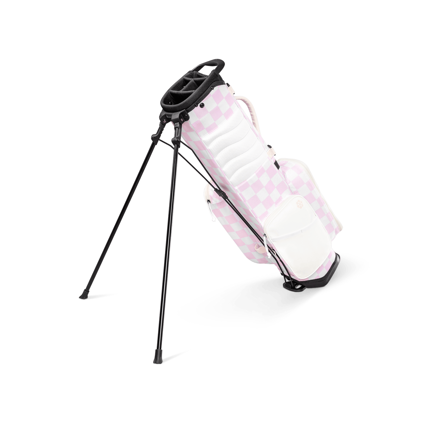 A full shot of a checkered Pink & White Recess kids golf bag facing backward