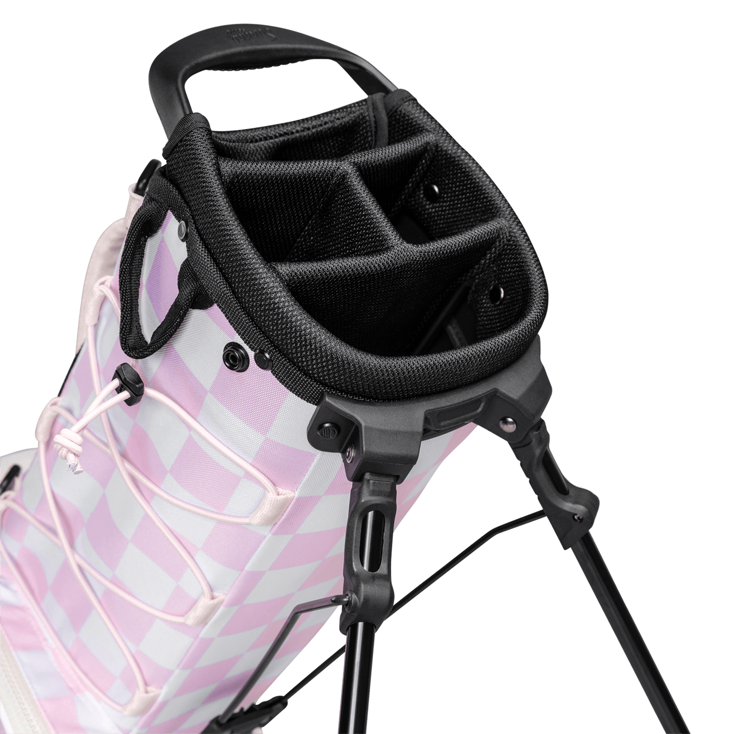 A close up top view of a checkered Pink & White Recess kids golf bag’s 4-way divider
