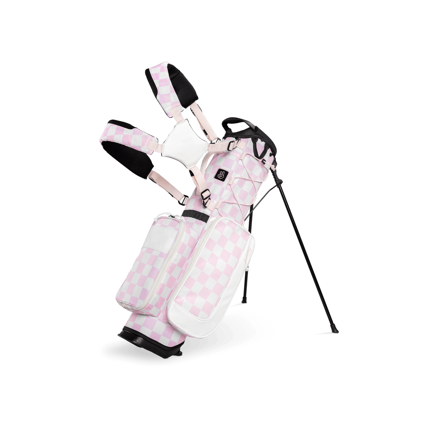 A full front shot of a checkered Pink & White Recess kids golf bag with double straps