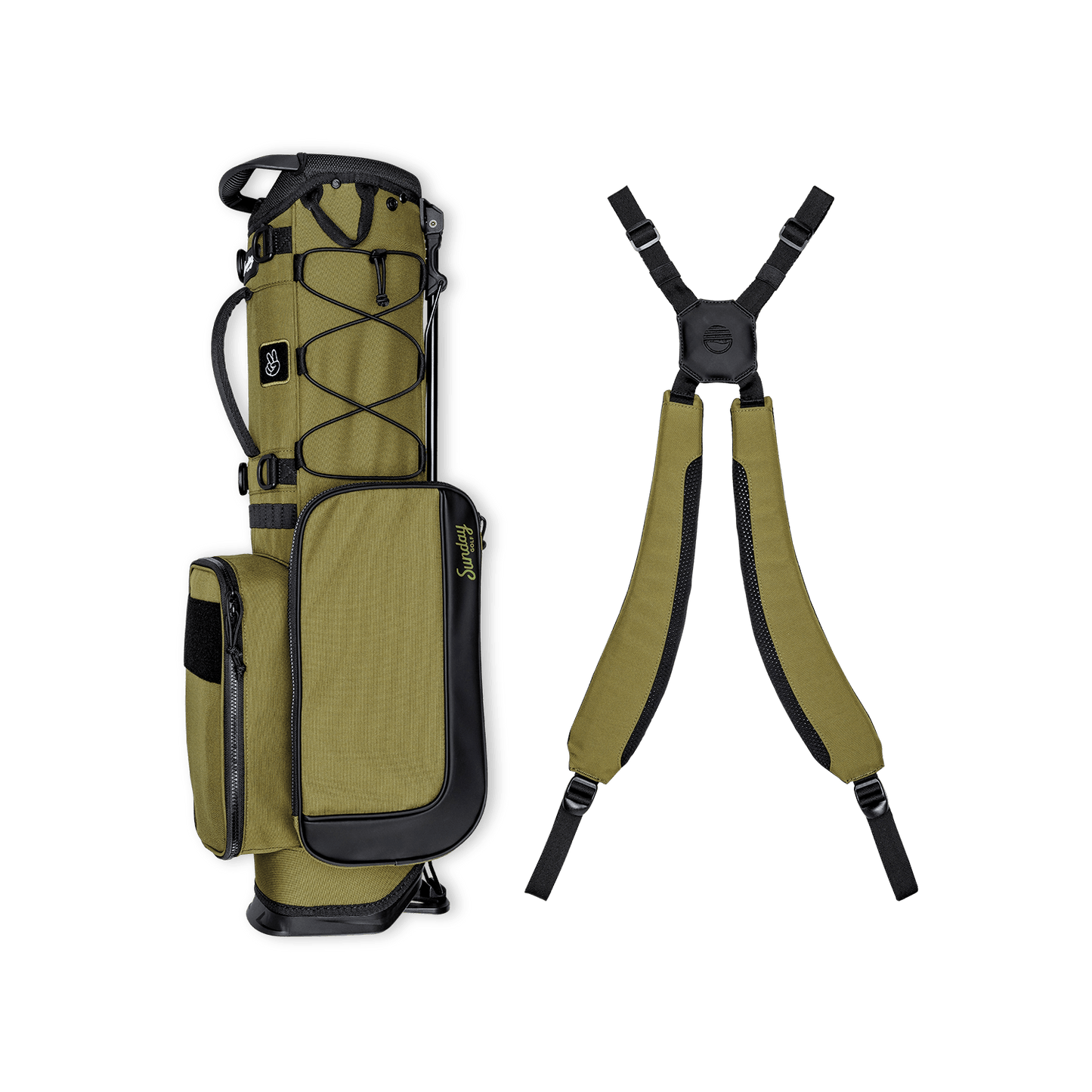 A full shot of a Patton Green Recess kids golf bag laying flat sideways beside its double straps