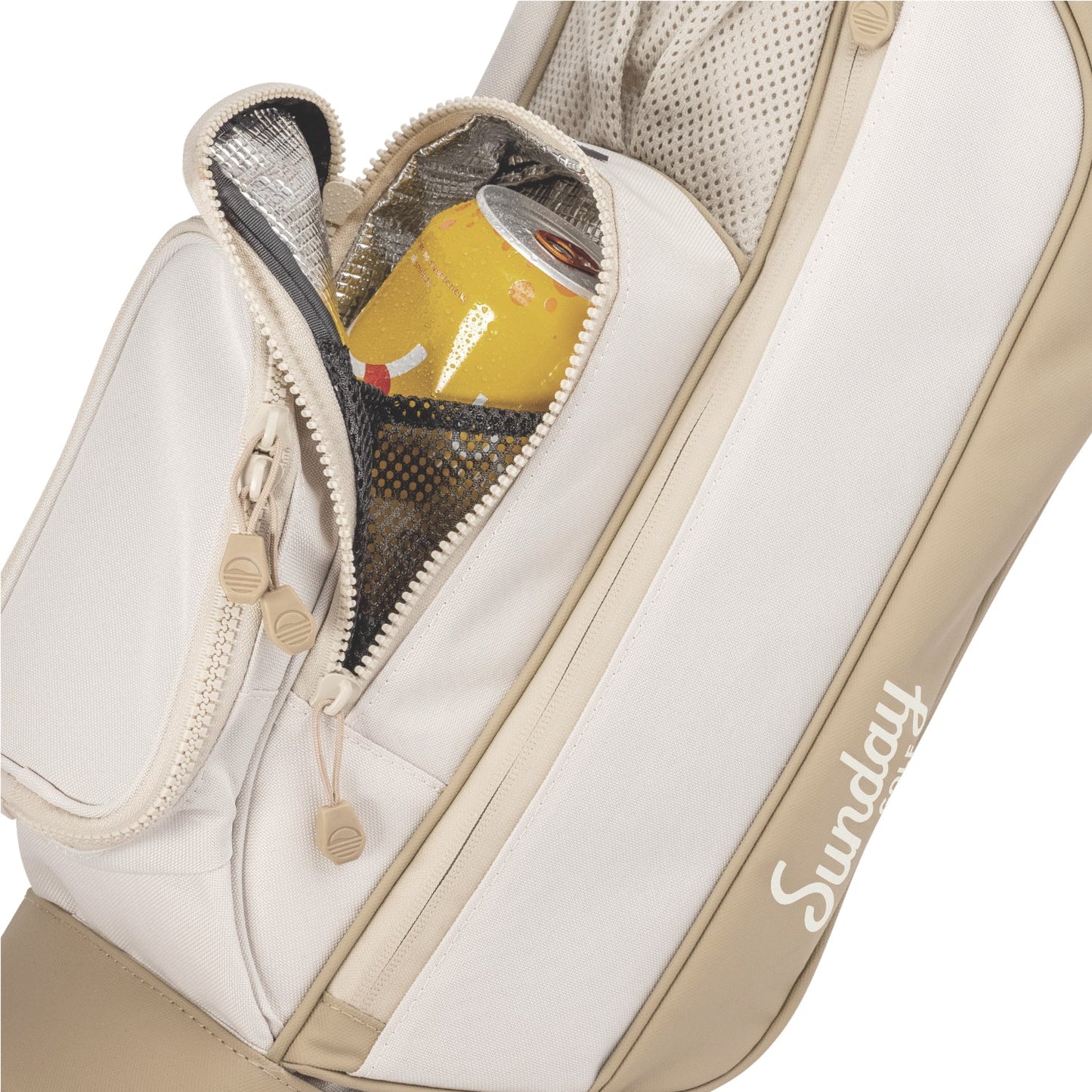 Insulated beverage pouch on Toasted Almond Loma Bag by Sunday golf