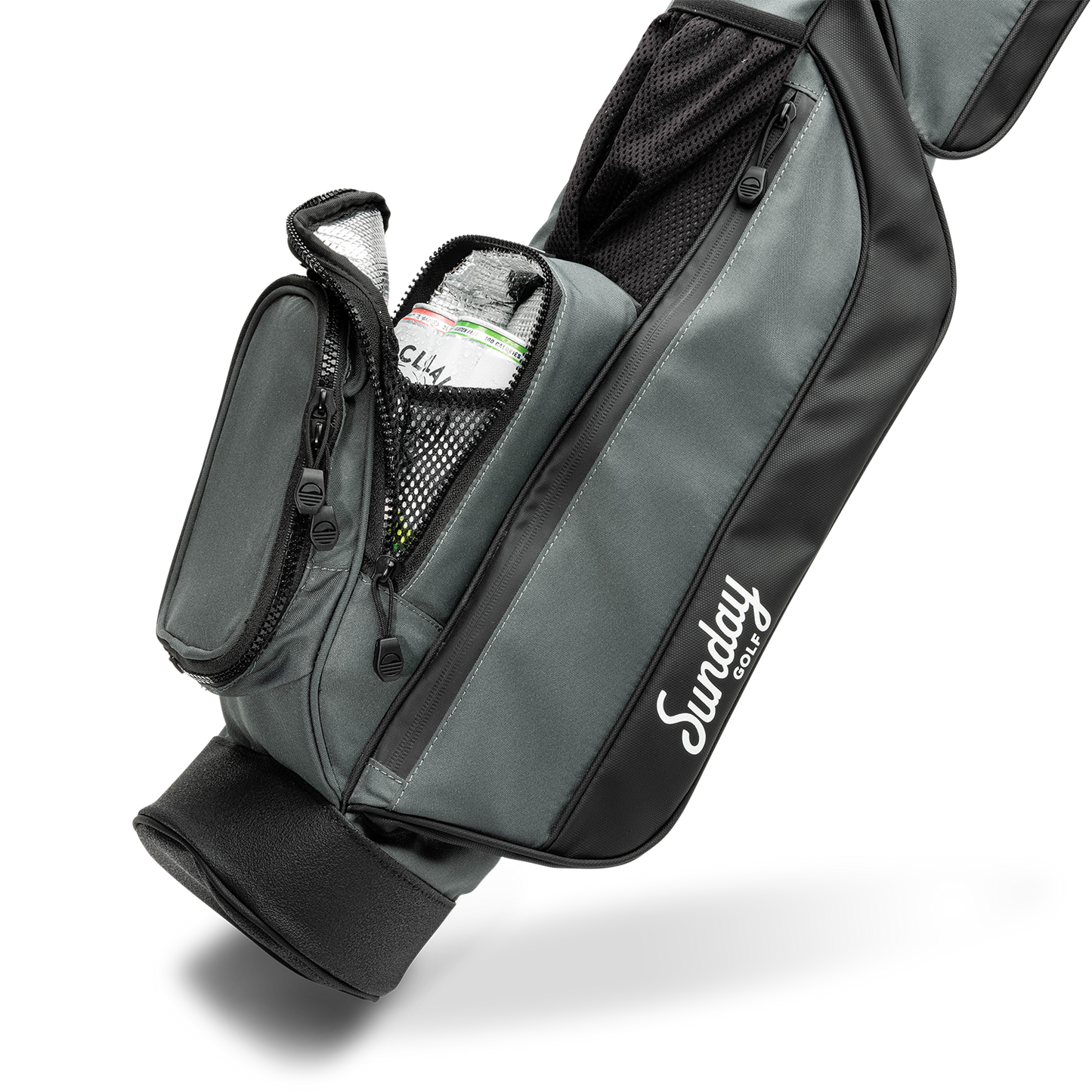 detail photo of insulated cooler pocket on Midnight Green Loma Bag with two beverages