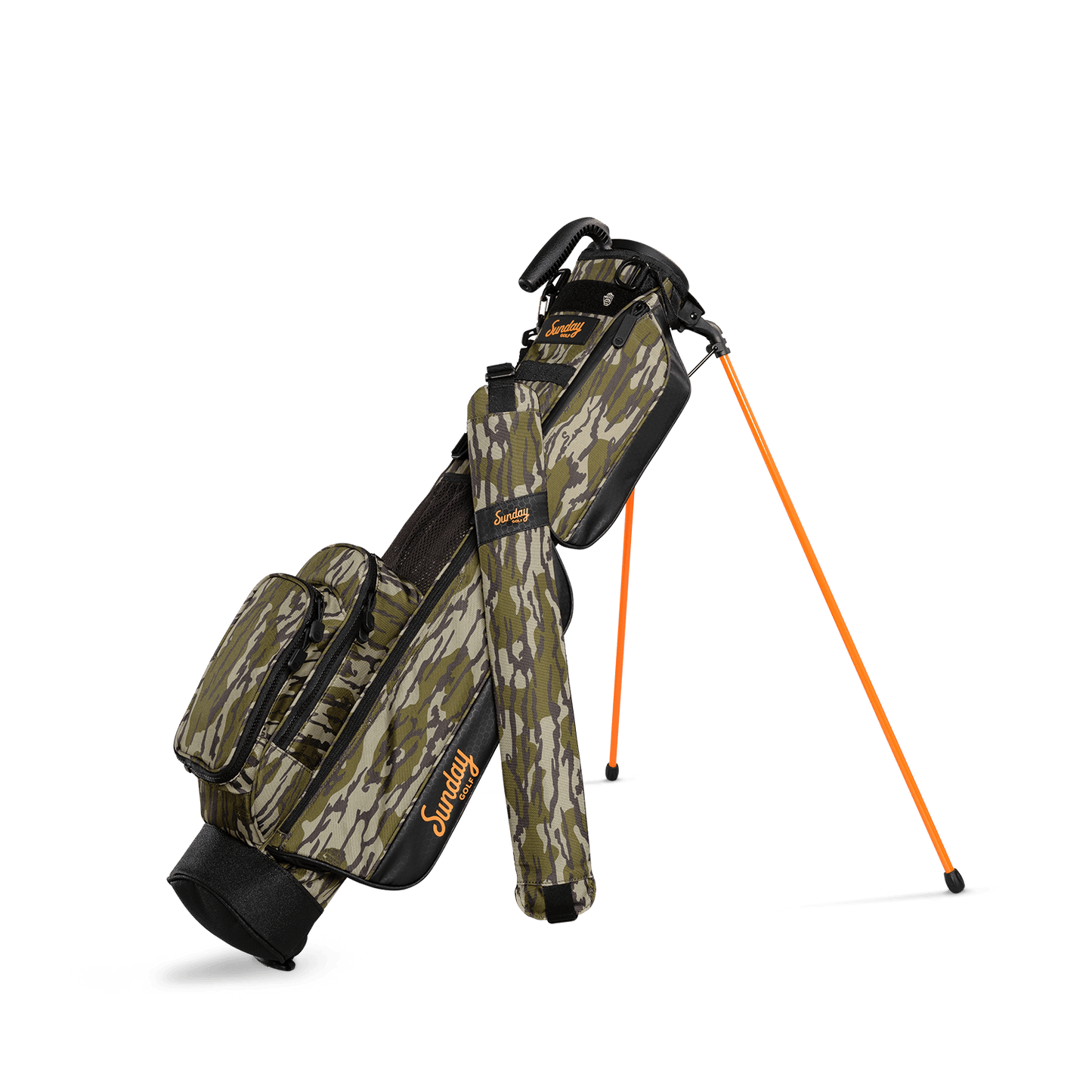 A full front shot of standing Loma golf bag in mossy oak bottomland with single strap