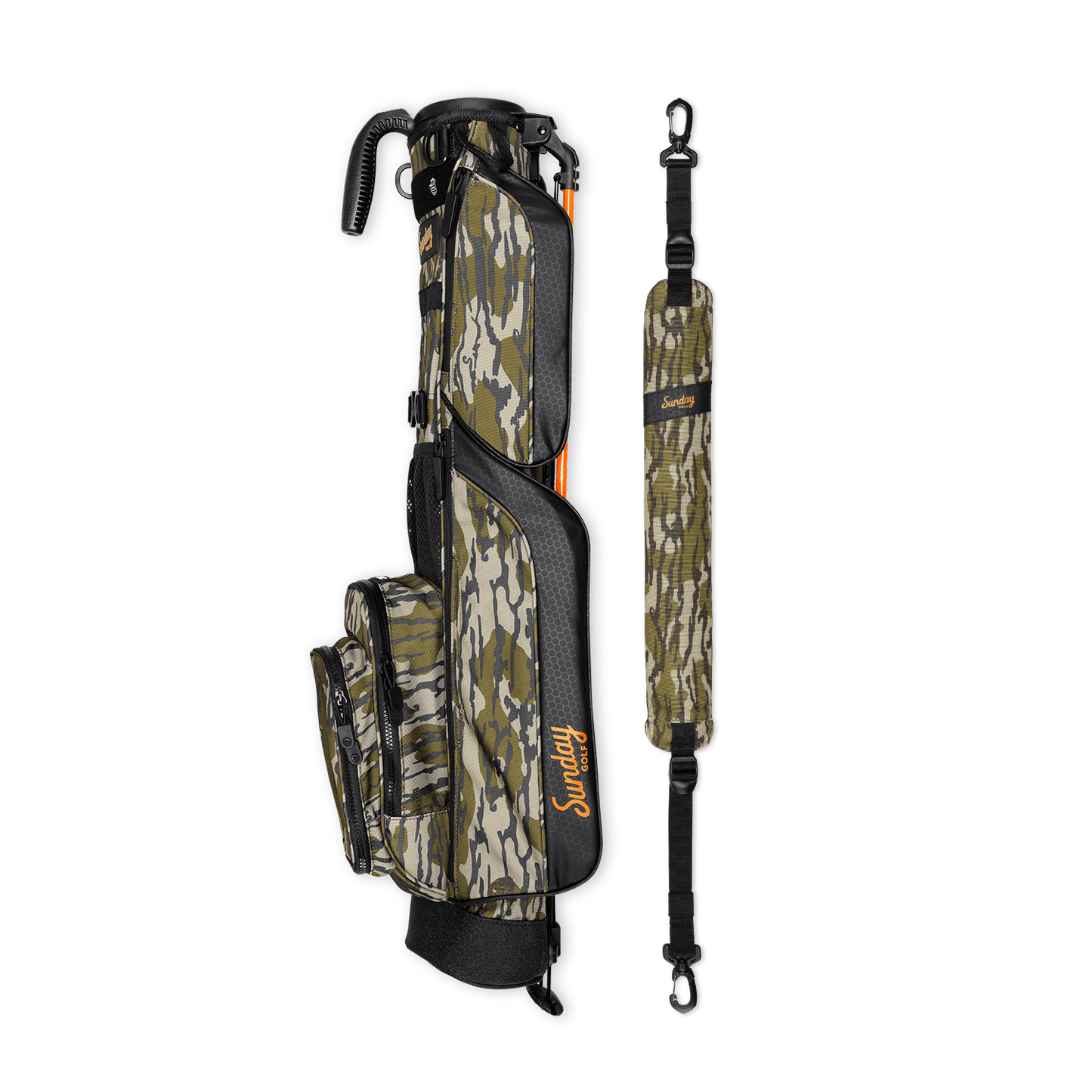 A full shot of Loma golf bag in mossy oak bottomland laying flat sideways beside its single strap