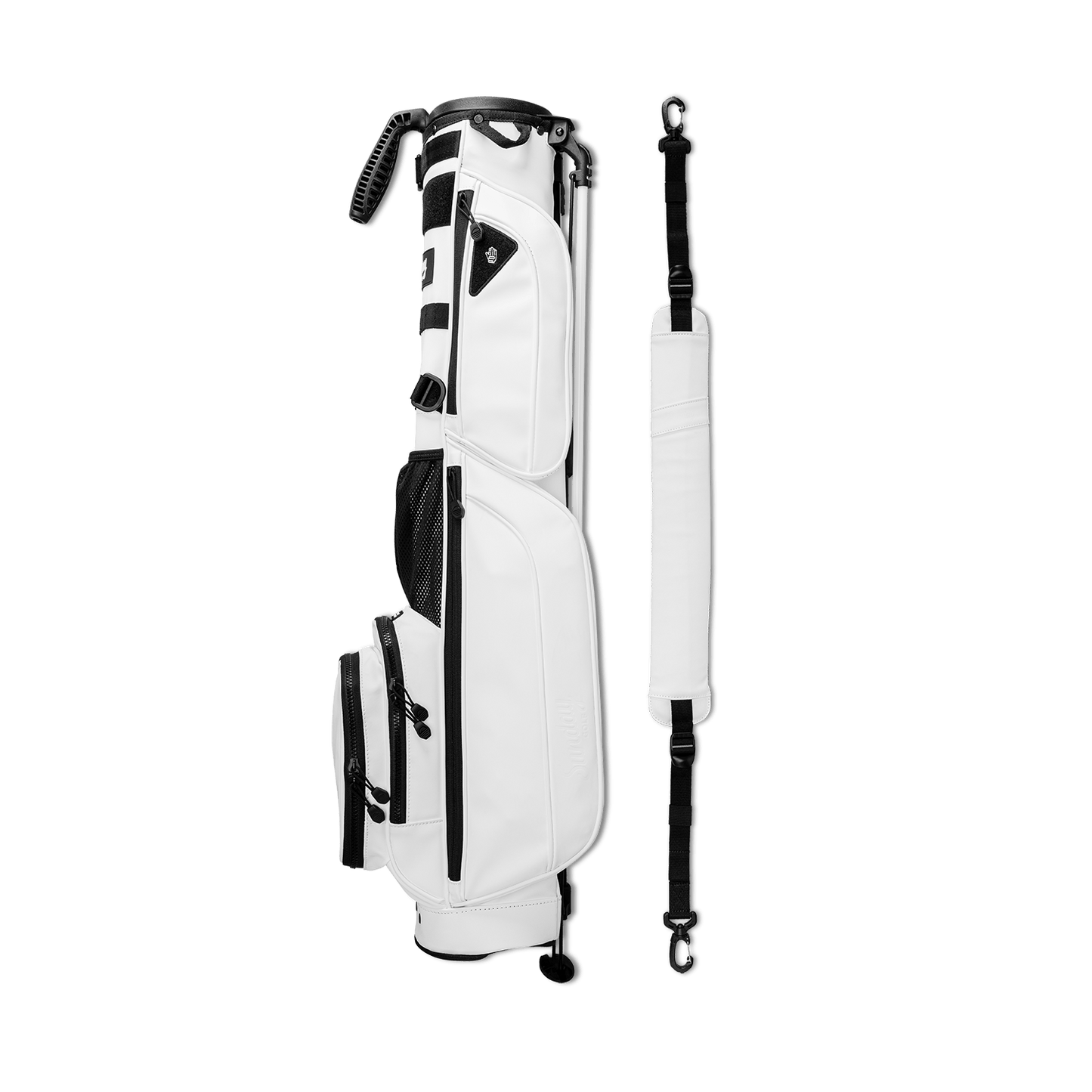 Loma in white vegan leather layflat shot with single strap