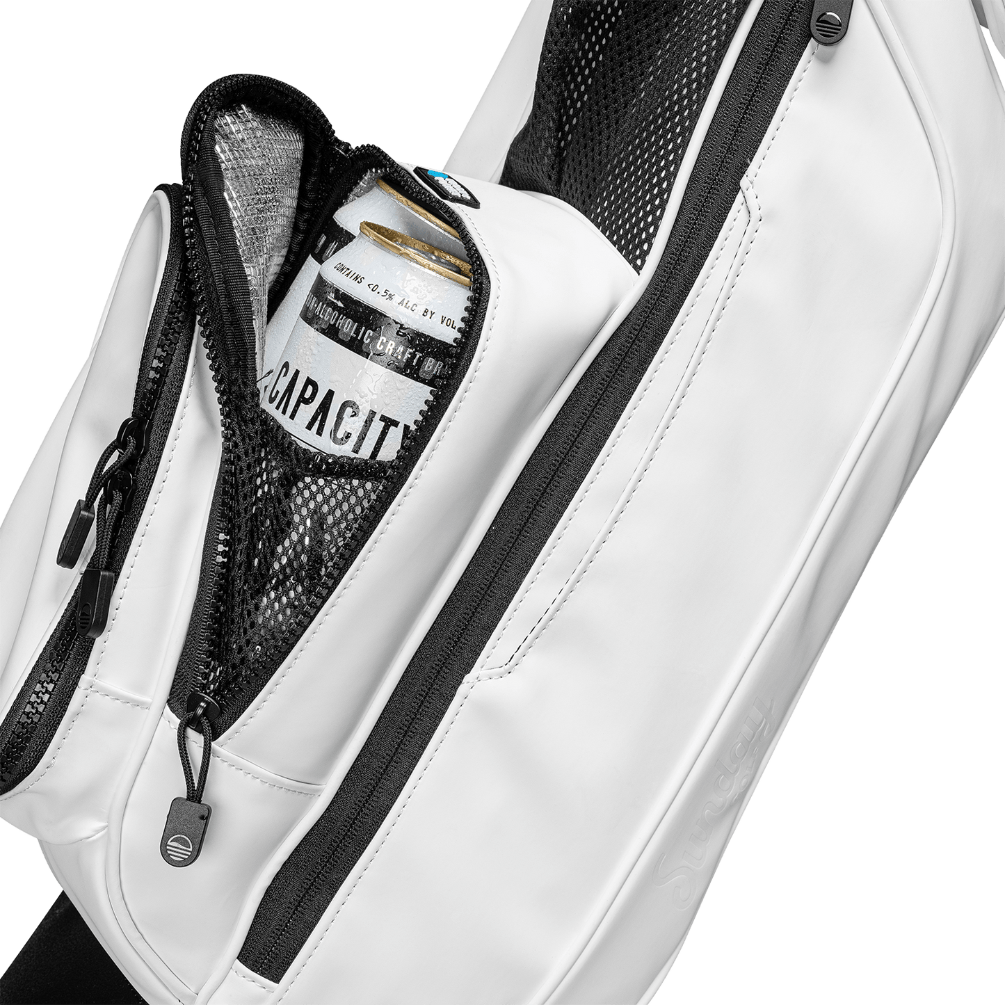 Loma in white vegan leather close up shot of the frosty pocket with 2 cans inside