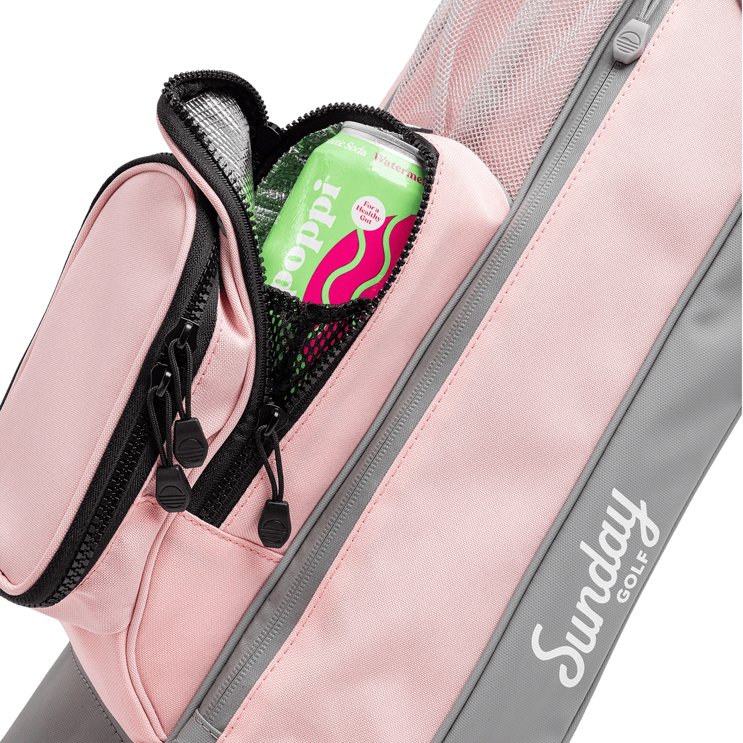 up close shot of insulated beverage pouch on the Flamingo Loma Bag by Sunday Golf