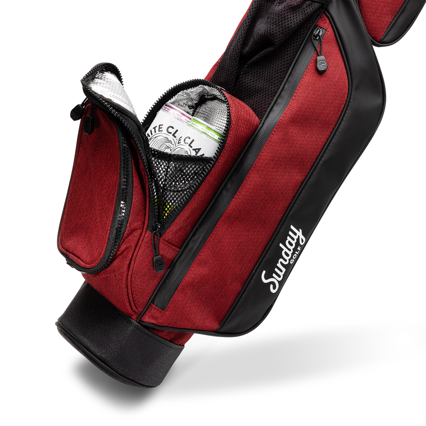 Beverage pocket that is insulated on the Ron Burgundy golf bag by Sunday Golf