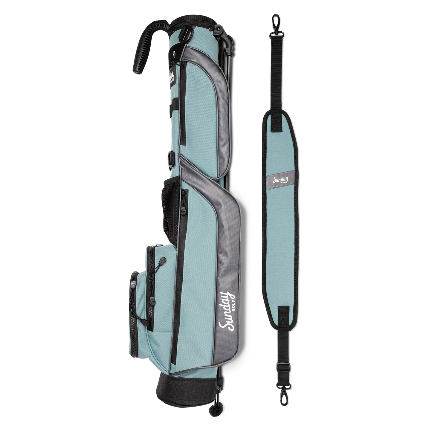 loma golf bag in seafoam by Sunday Golf side by side with carrying strap