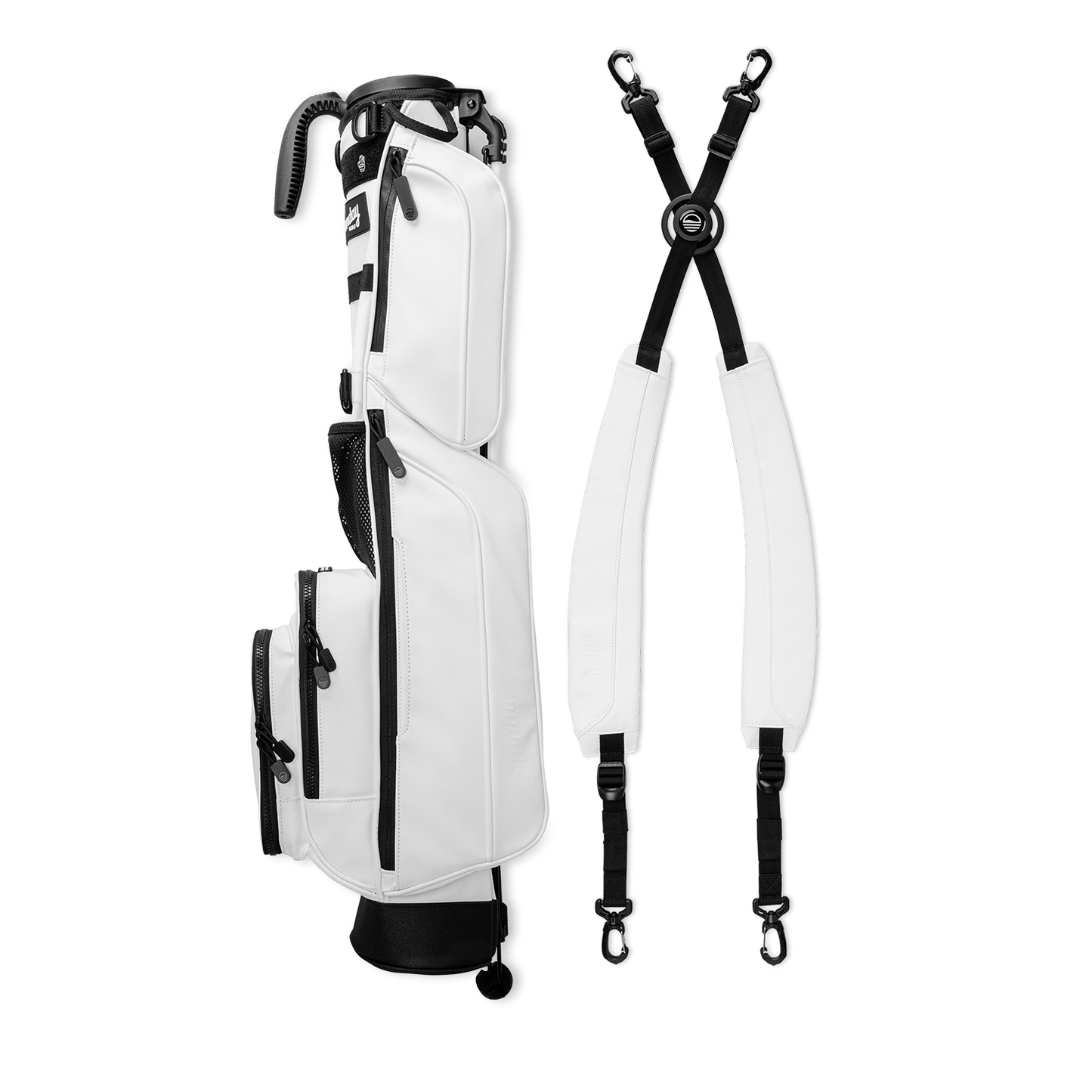 Loma XL in white vegan leather layflat shots with double straps