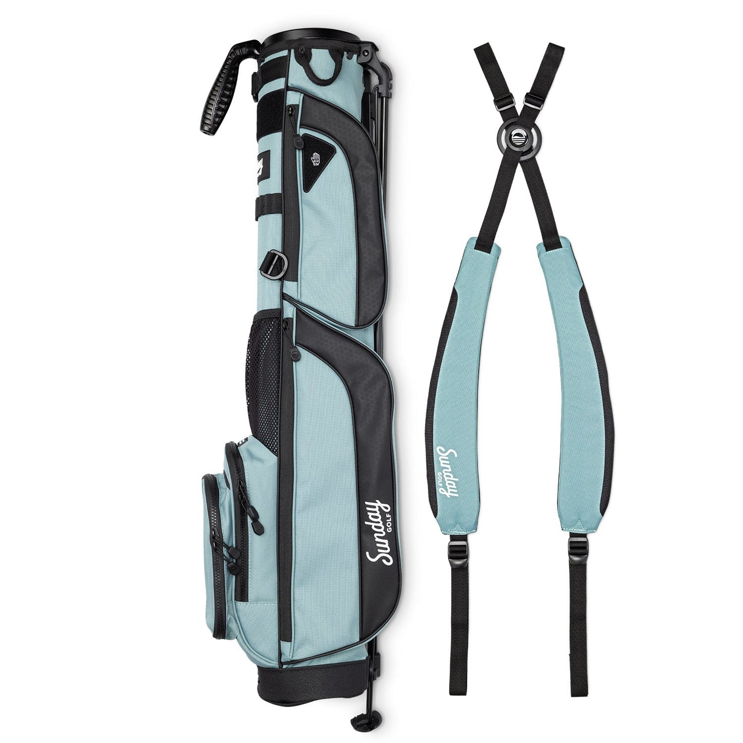 seafoam green loma xl sunday golf bag side by side with carrying strap