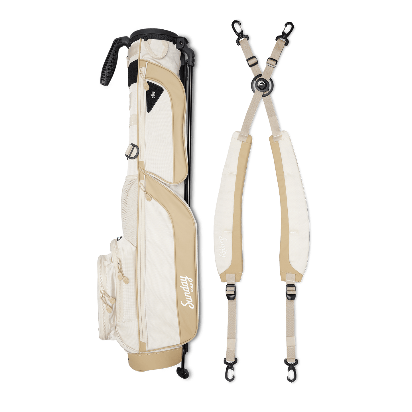 white and tan loma xl golf bag in toasted almond with double strap