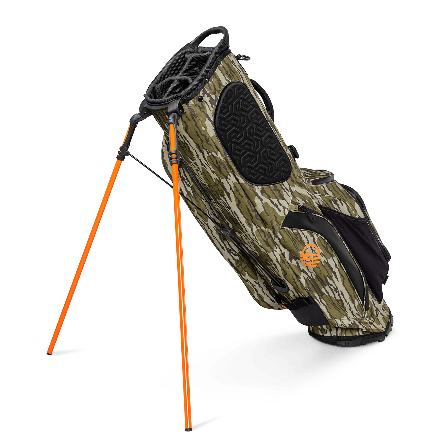 A full shot of standing Ryder golf bag in mossy oak bottomland facing backward