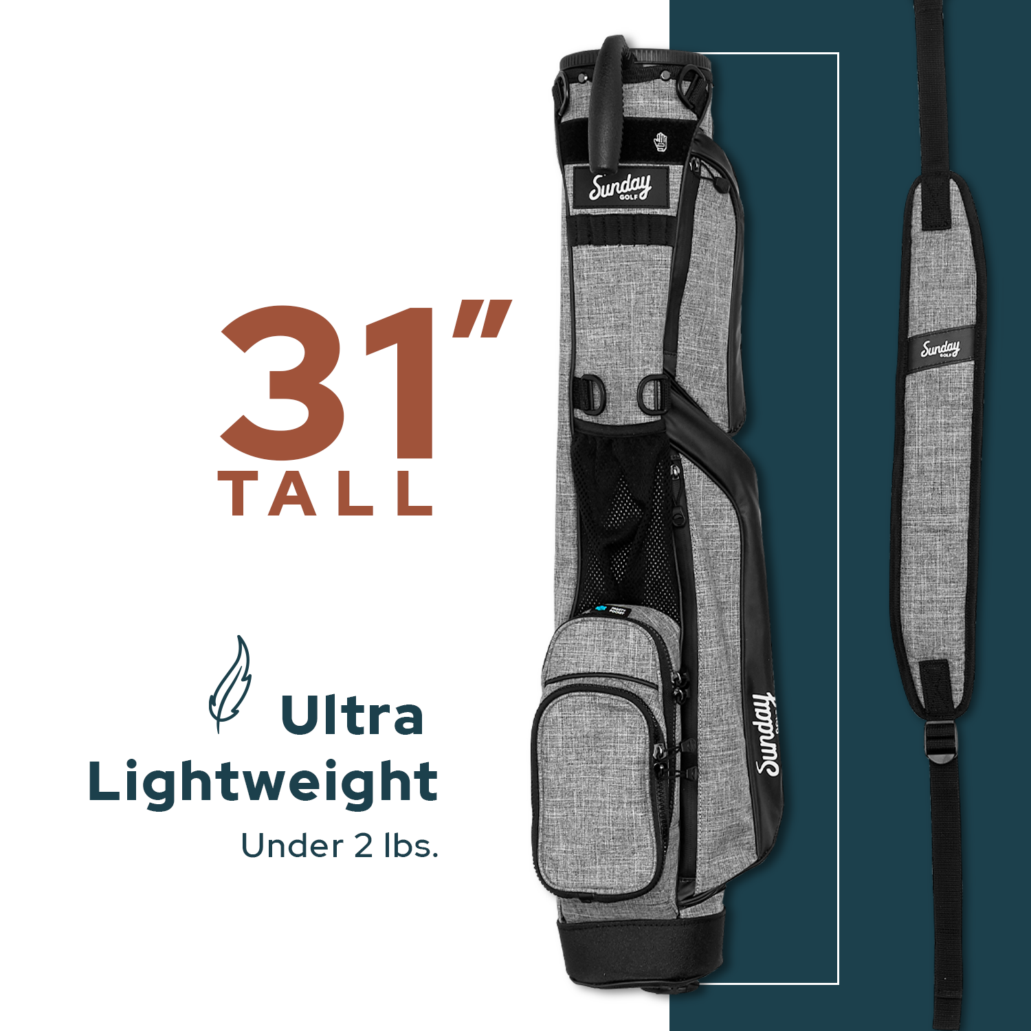 heather gray loma golf bag product dimension image by Sunday Golf