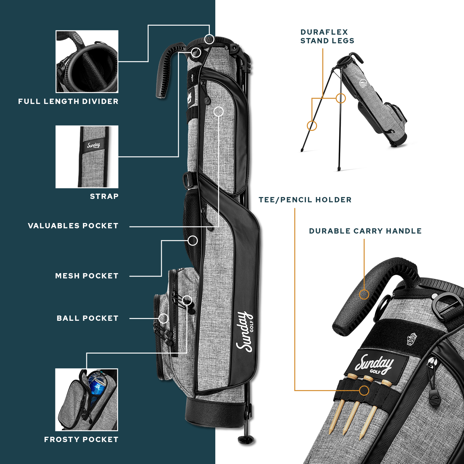 product description image for heather gray loma golf bag showing key features