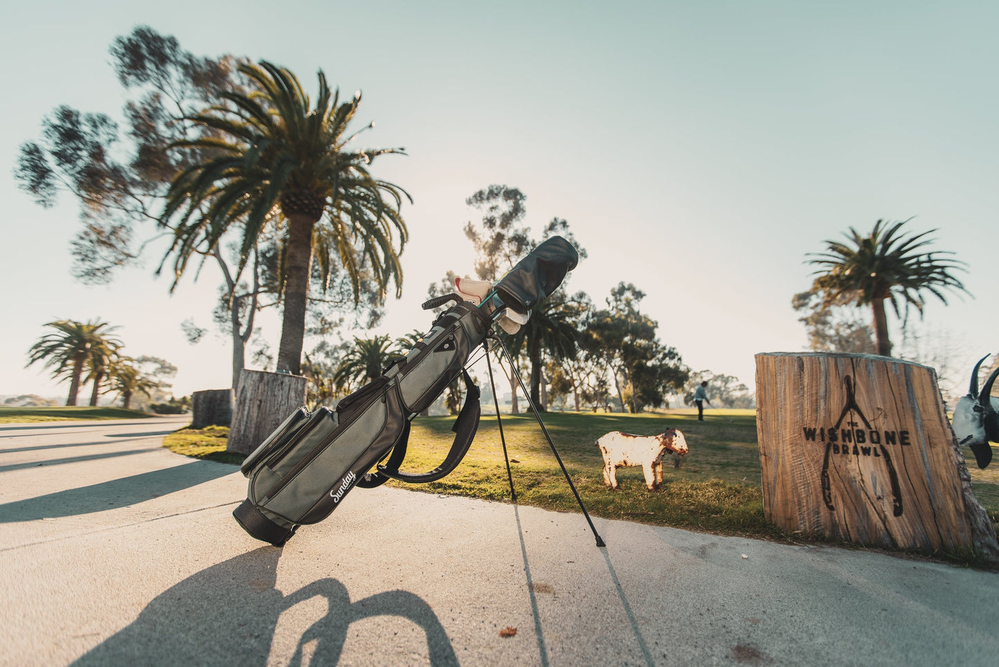 Midnight Green Loma XL golf bag by Sunday Golf on the course with palm trees in the background