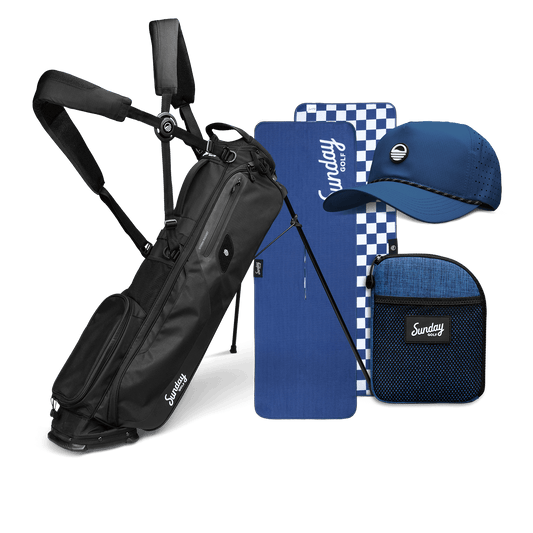 Black Sunday Golf stand bag with accessories including cap, pouch and towels