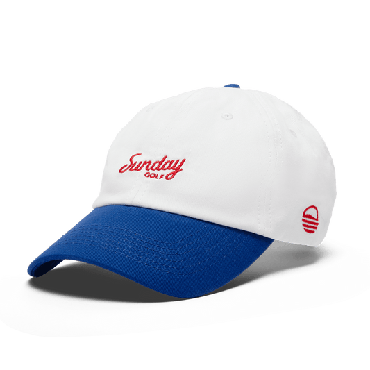 Dad Hat white with blue rim and red Sunday Golf Logo front shot