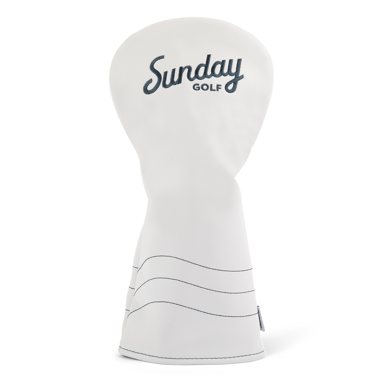 Front shot of driver golf headcover in white and navy vegan leather
