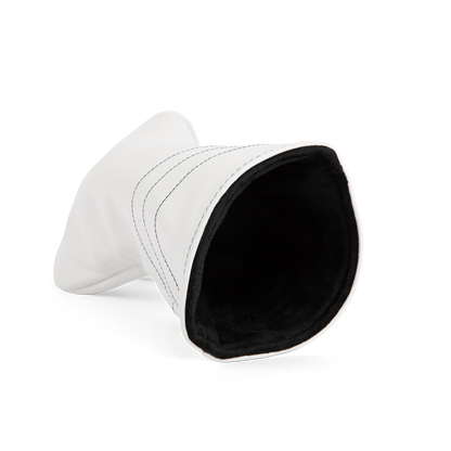 Inward shot of driver golf headcover in white and navy vegan leather