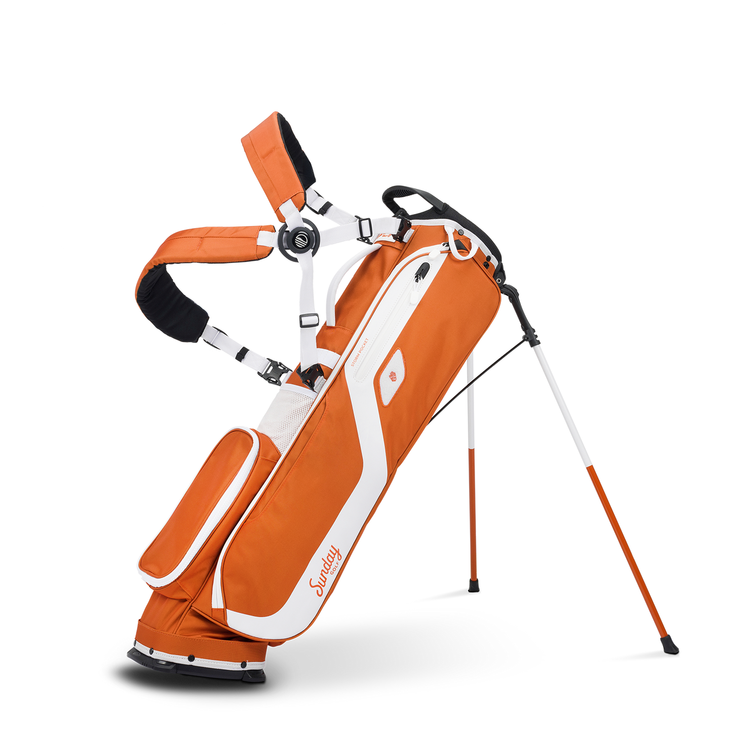 A full front shot of standing El Camino golf bag in burnt orange