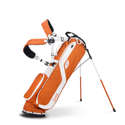 A full front shot of standing El Camino golf bag in burnt orange