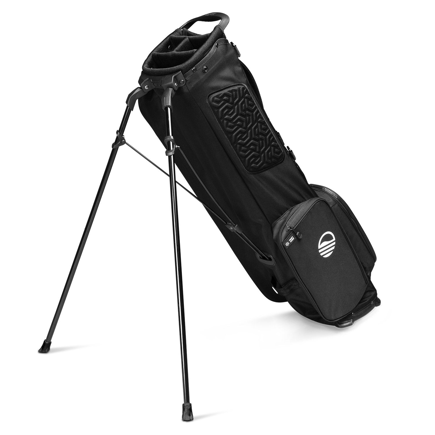 Sunday golf El Camino golf bag in matte black with stand legs extended and 4 way club divider