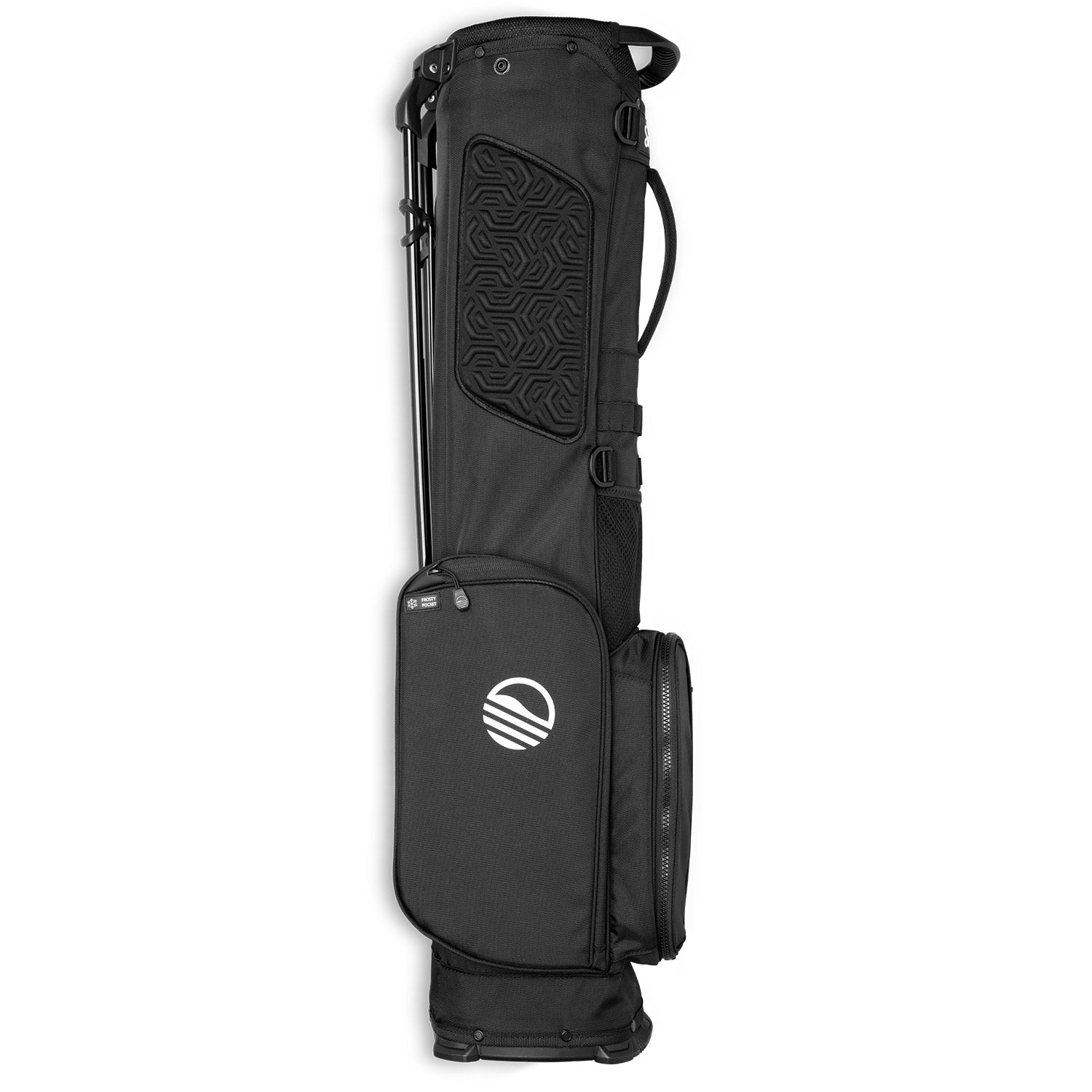side view of El Camino golf bag in matte black by Sunday Golf with white side logo 