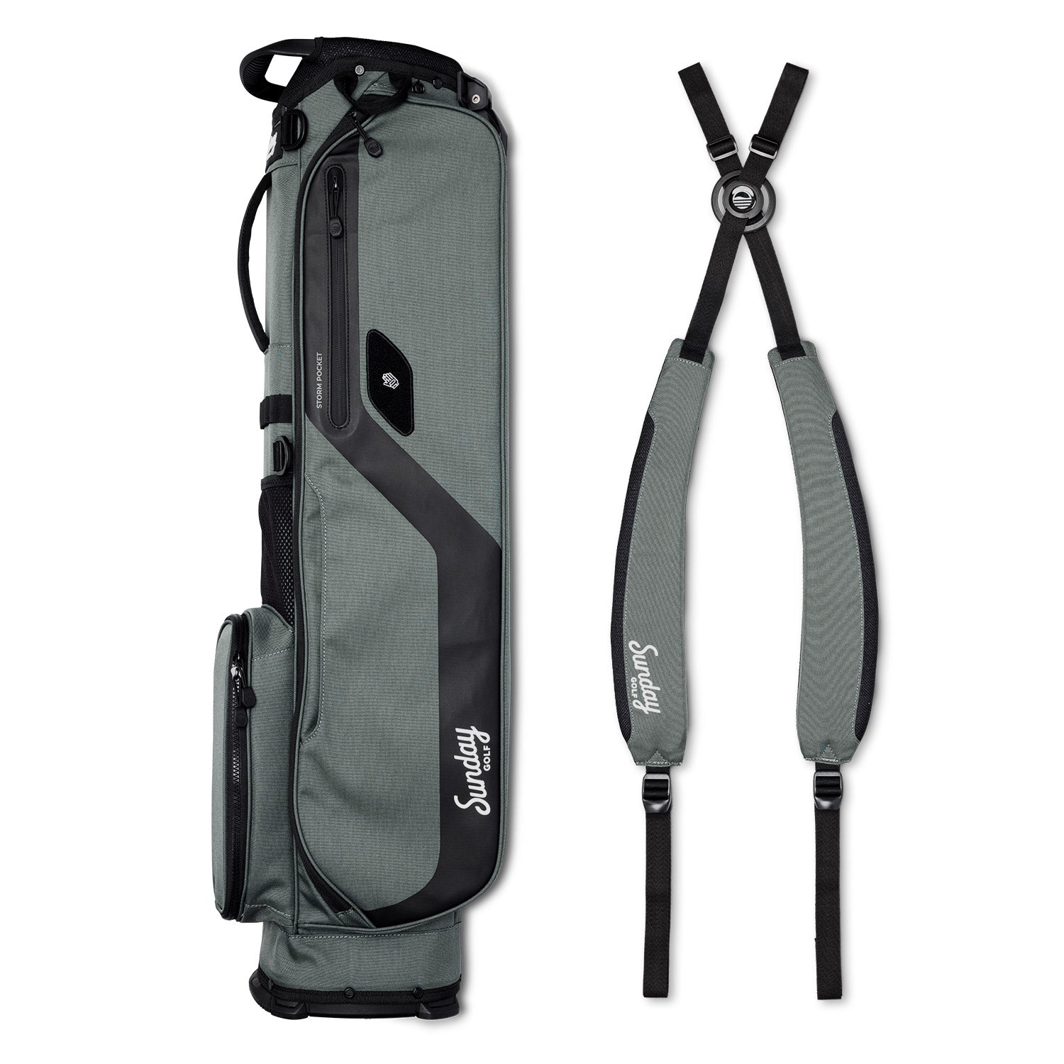 side by side image of Sunday Golf El Camino golf bag in midnight green and double carrying strap