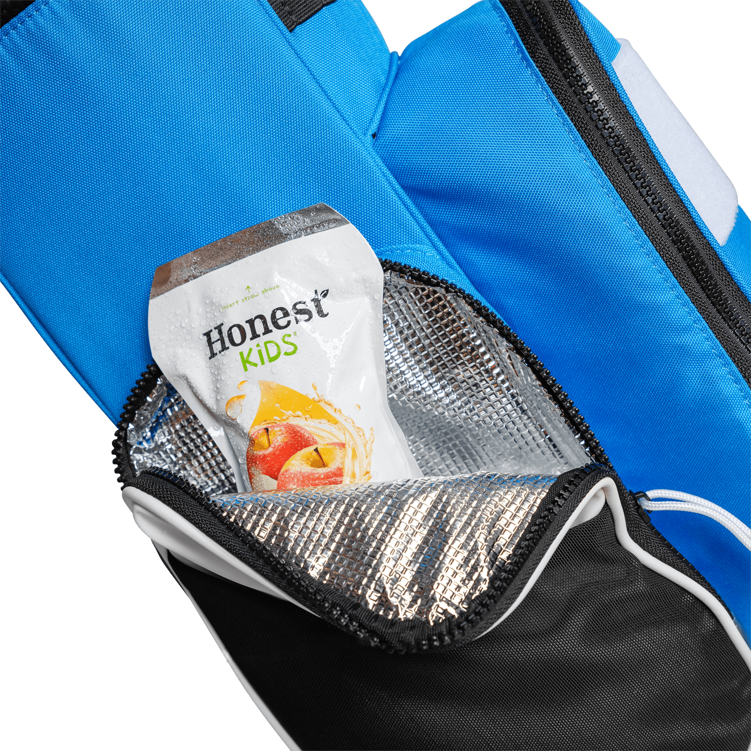 A close up shot of a blue & white Recess kids golf bag's insulated pocket with a canned drink inside
