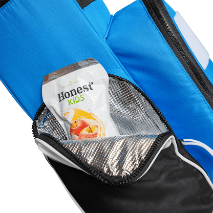A close up shot of a blue & white Recess kids golf bag's insulated pocket with a canned drink inside
