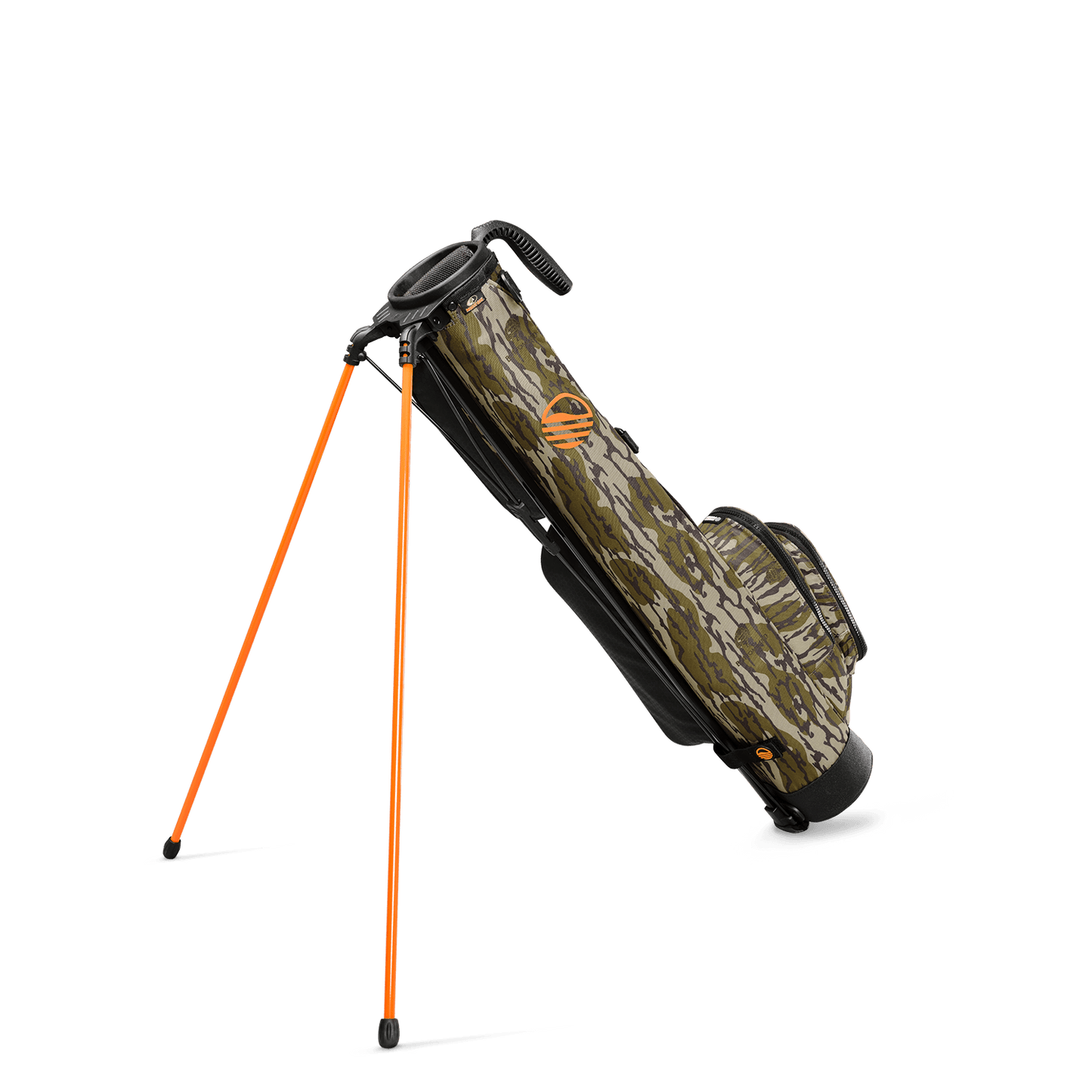 A full shot of standing Loma golf bag in mossy oak bottomland facing backward