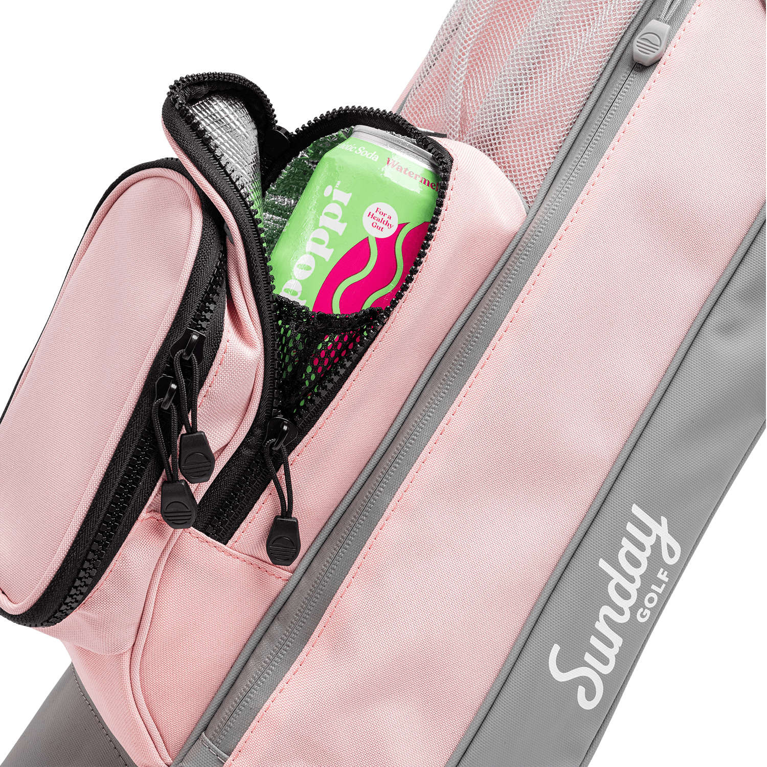 up close shot of  insulated beverage pouch on the Flamingo Loma Bag by Sunday Golf