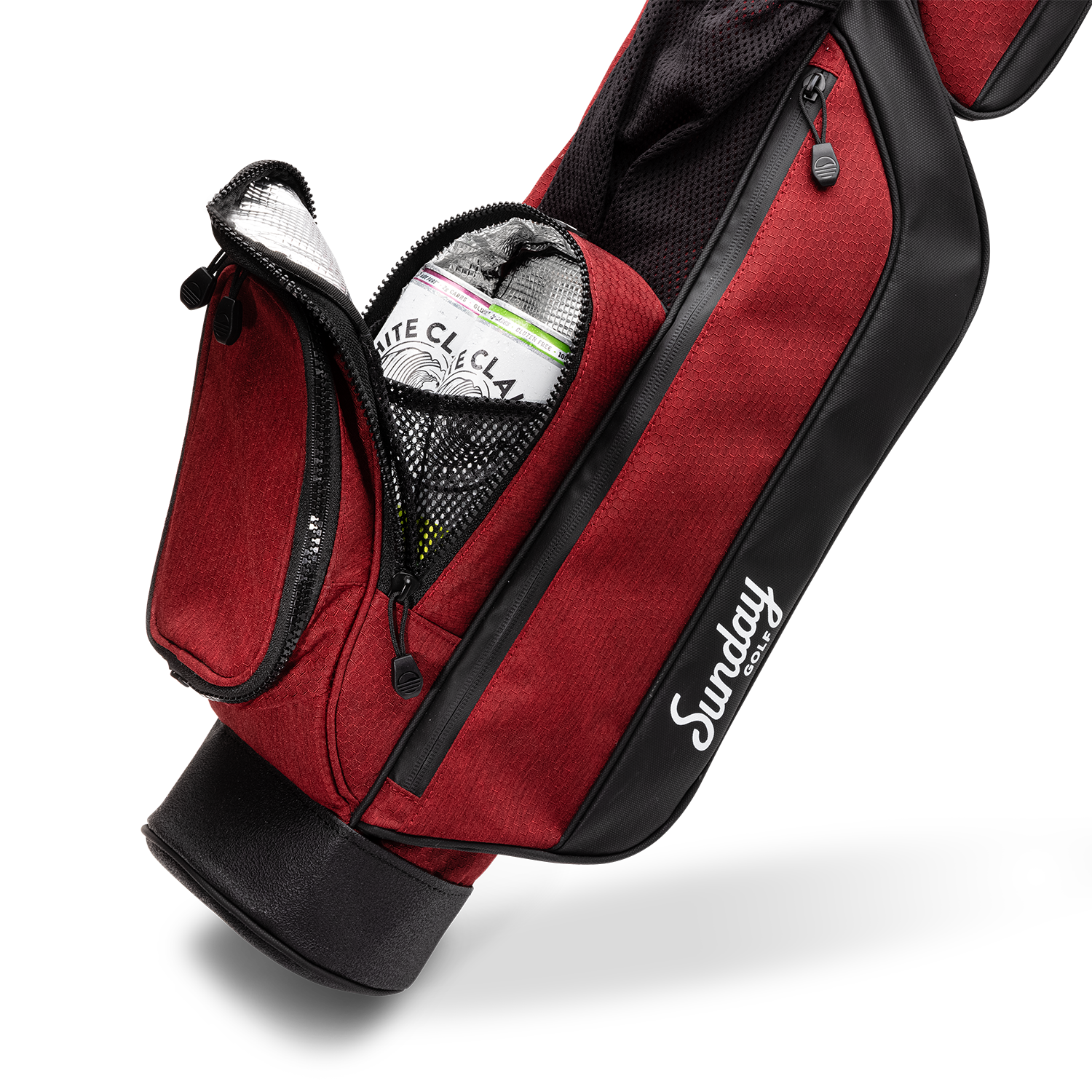 Beverage pocket that is insulated on the Ron Burgundy golf bag by Sunday Golf 