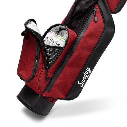Beverage pocket that is insulated on the Ron Burgundy golf bag by Sunday Golf 