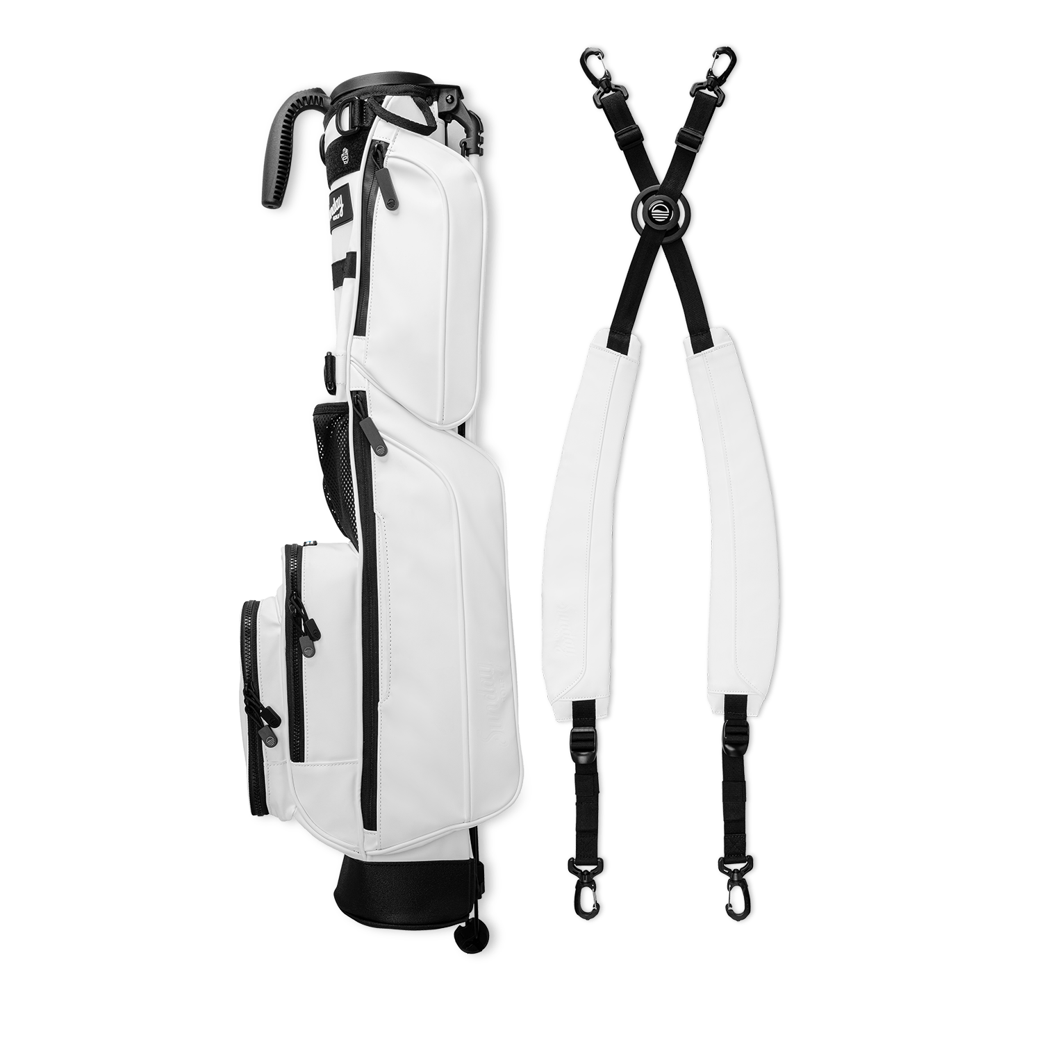 Loma XL in white vegan leather layflat shots with double straps