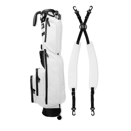 Loma XL in white vegan leather layflat shots with double straps